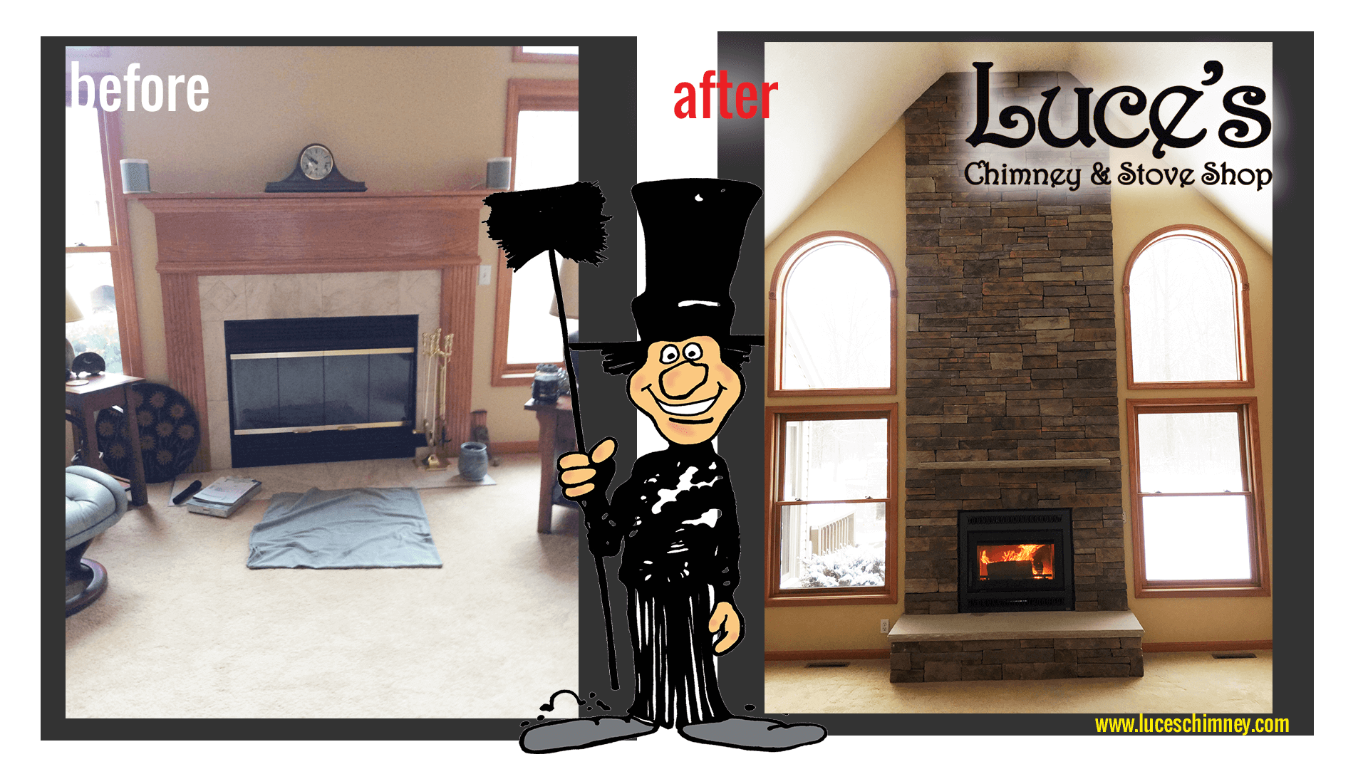 Update of old brick fireplace into modern fireplace by Luce's Chimney and Stove Shop Toledo OH