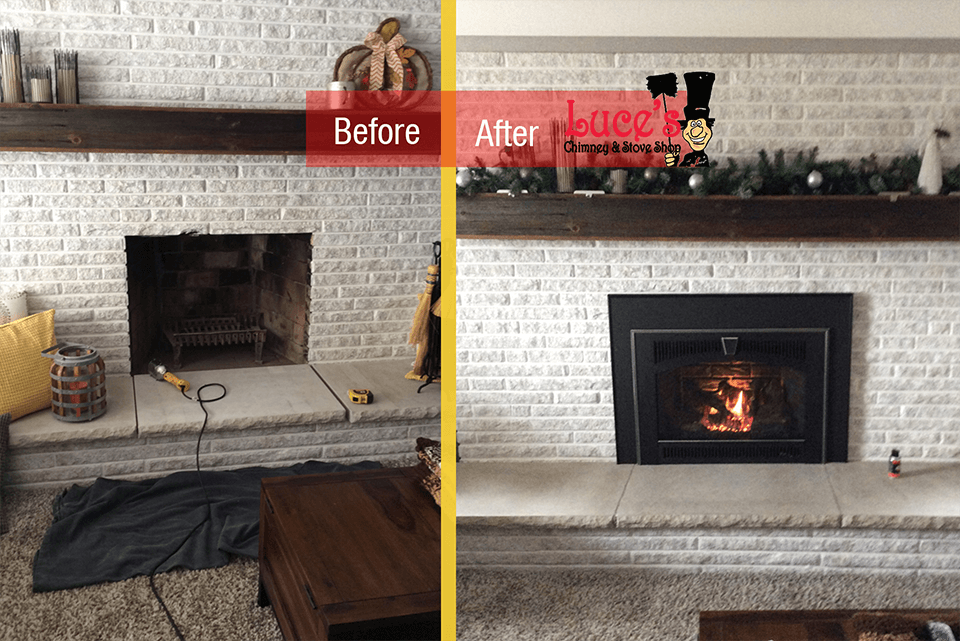 Painted white brick fireplace, updated with highly efficient gas fireplace insert by Luce's Chimney and Stove Shop.