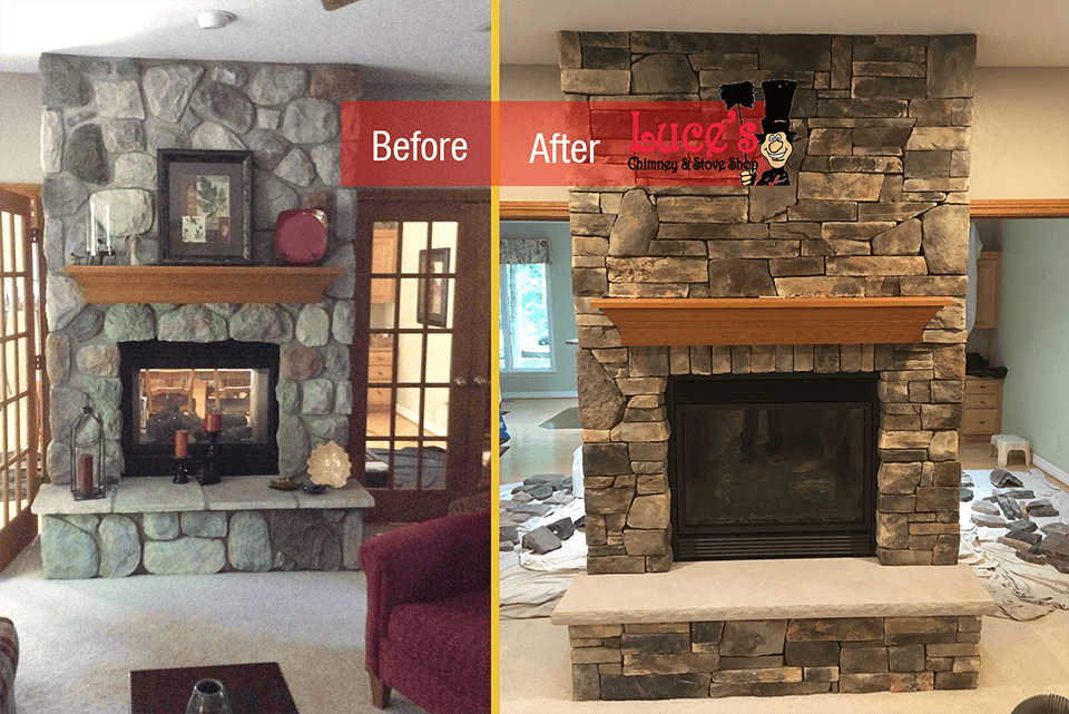 Fireplace update using nature stone by Luce's Chimney and Stove Shop.