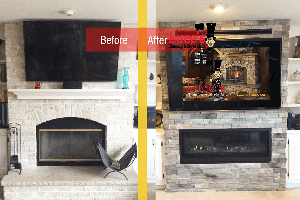 Old painted white brick fireplaces is removed and a stone face fireplace added with TV overhead. Design and installation by Luce's Chimney.