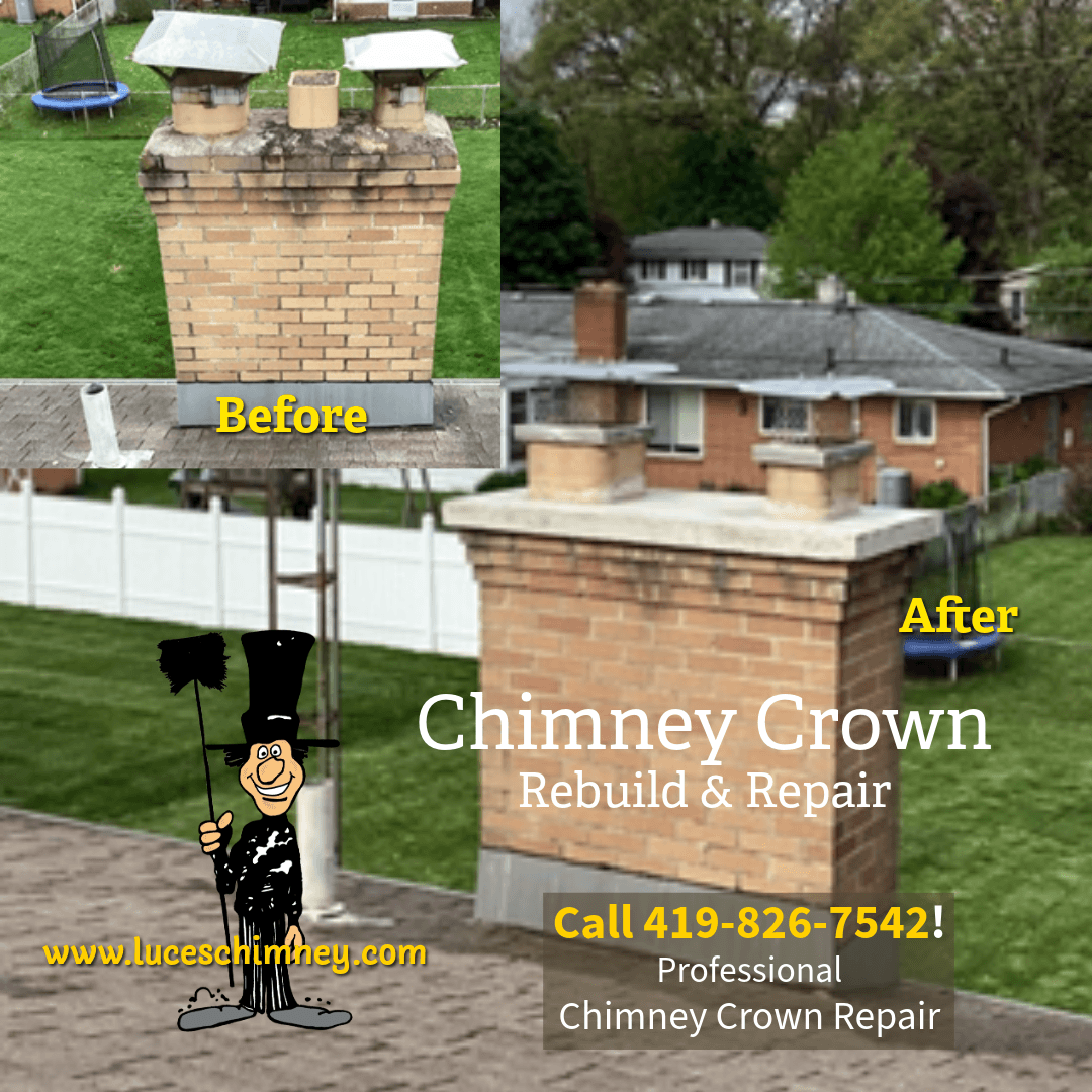 Chimney crown repair before and after image, chimney top created by Luce's Chimney and Stove Shop near Toledo Ohio.